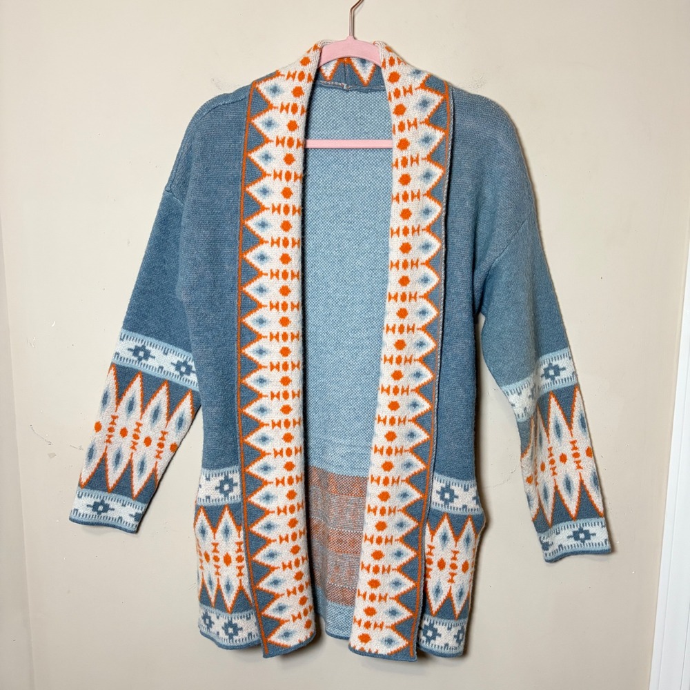Aztec Design Detail Boho Longline Sweater Cardigan with Pockets, Medium